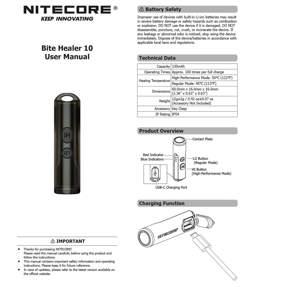 Nitecore Bite Healer 10 – Insektenstichheiler mit 2 Wärmestufen USB-C aufladbar – Detailansicht