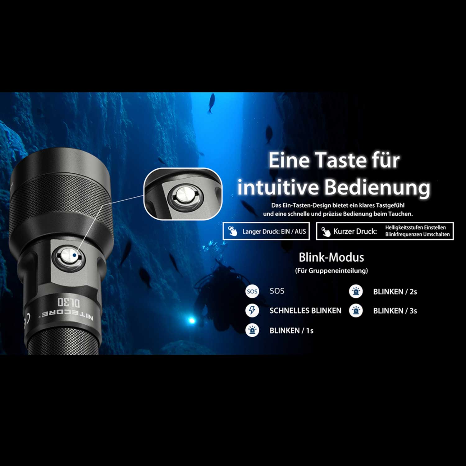 Nitecore DL30 – LED Tauchlampe 1100 Lumen mit Rotlicht & USB-C Akku – Detailansicht