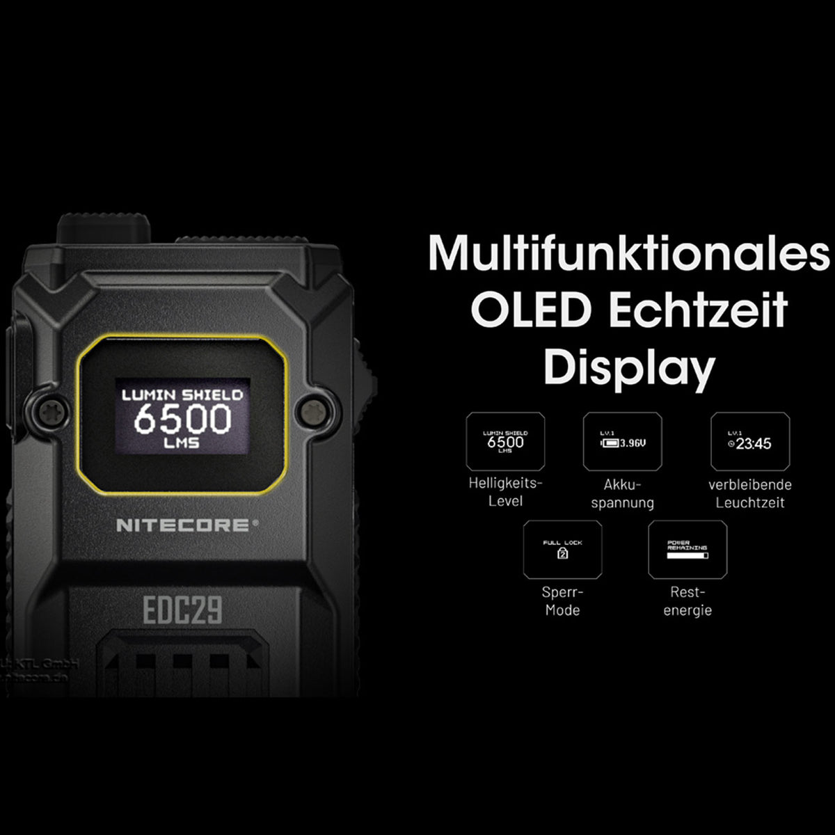 Nitecore EDC29 - LED Taschenlampe 6500 Lumen Spot & Flutlicht USB-C OLED Display – Detailansicht