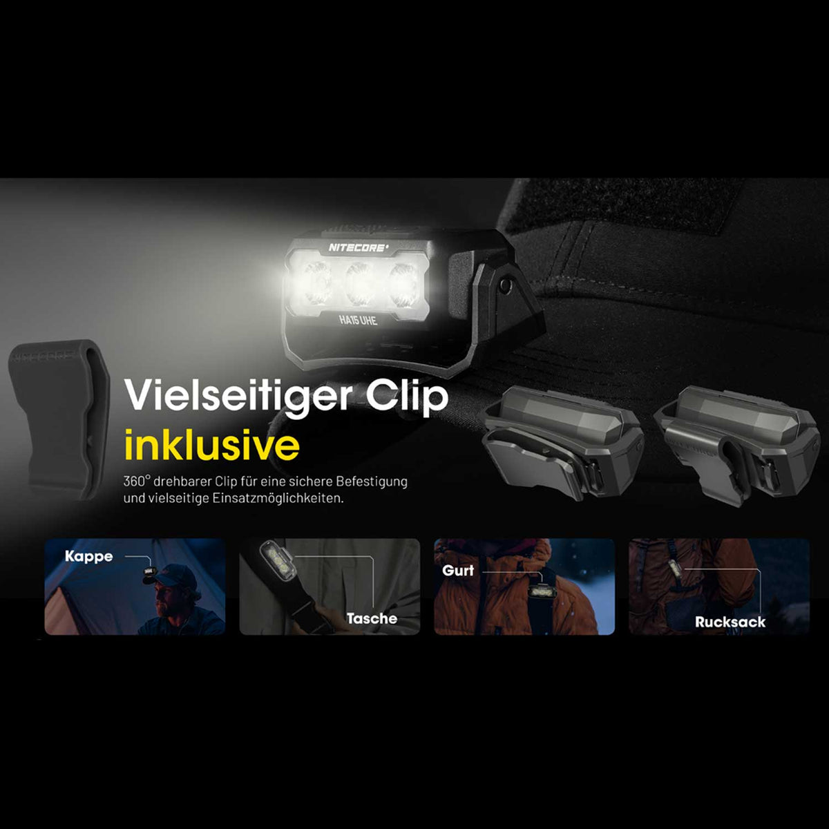Nitecore HA15 UHE LED Stirnlampe 400 Lumen mit Rotlicht & USB-C Akku NL1411R – Detailansicht