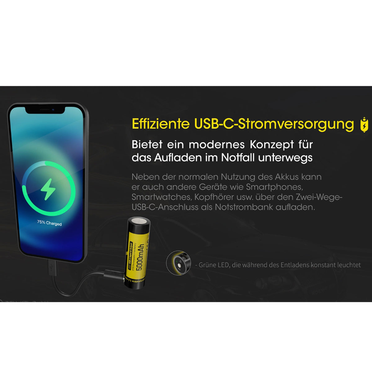 Nitecore NL2150RX – 21700 Li-Ion Akku 5000mAh 8A geschützt USB-C & Powerbank – Detailansicht