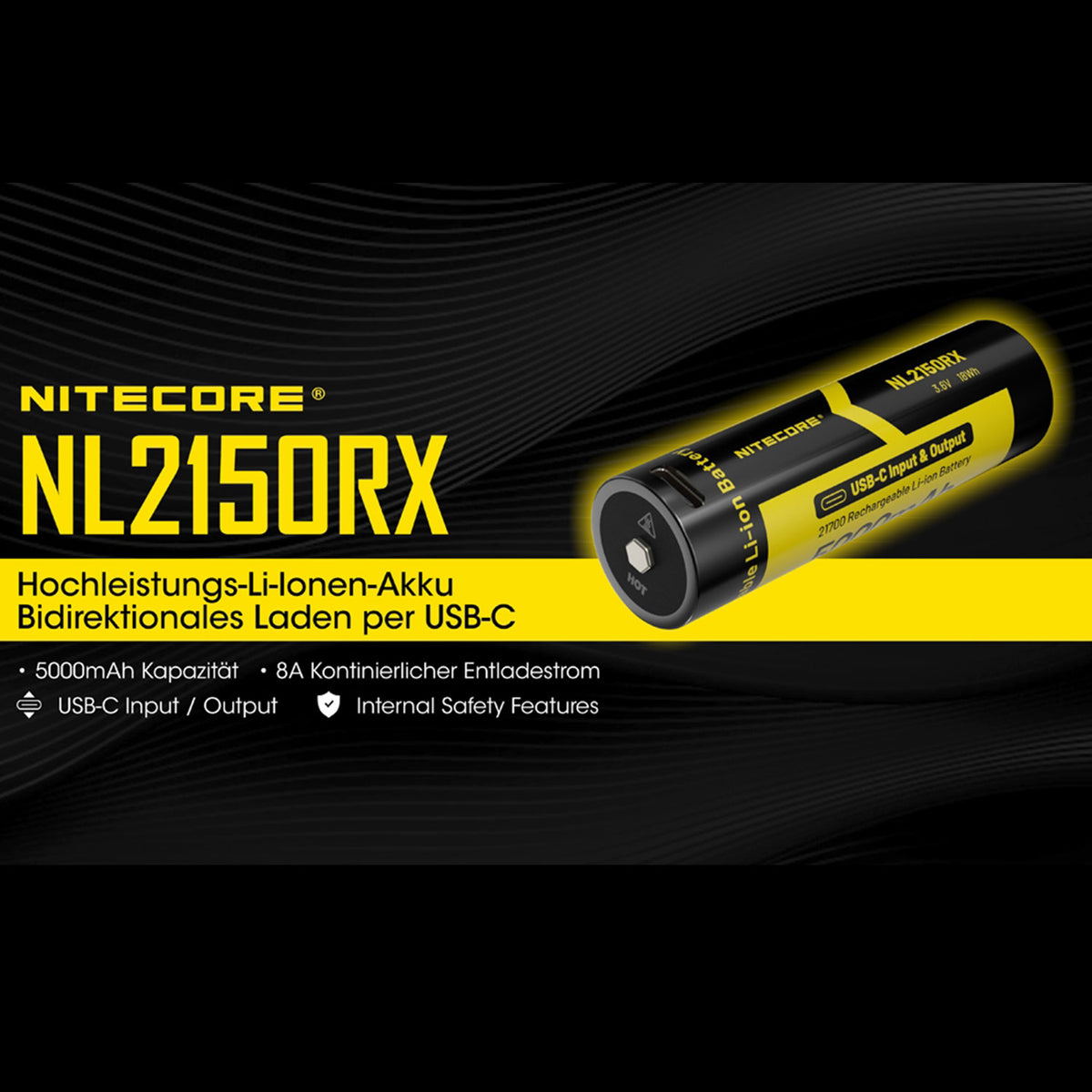 Nitecore NL2150RX – 21700 Li-Ion Akku 5000mAh 8A geschützt USB-C & Powerbank – Detailansicht