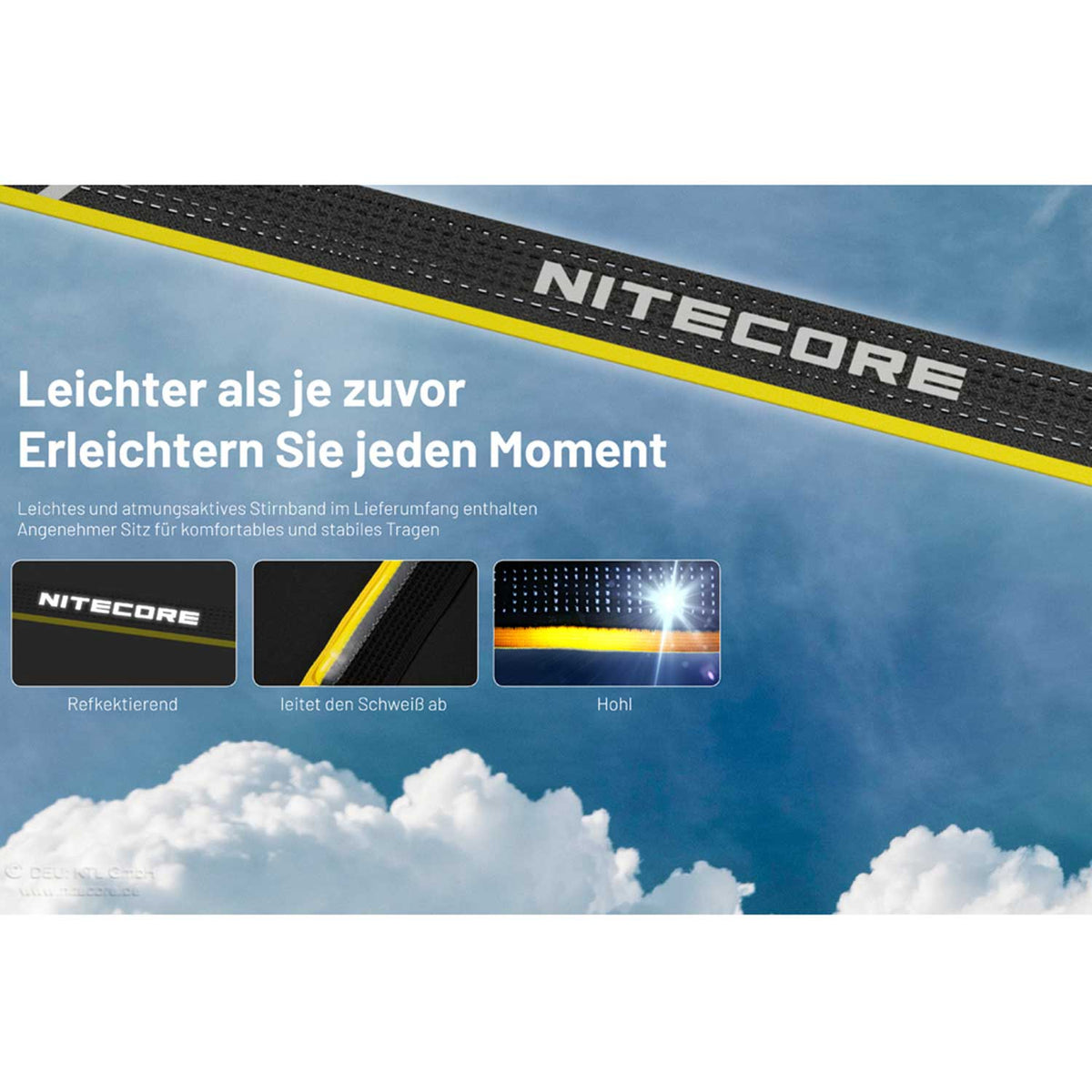Nitecore NU25 MCT – LED Stirnlampe mit 3 Lichtfarben, 400 lm, Rotlicht, USB-C – Detailansicht