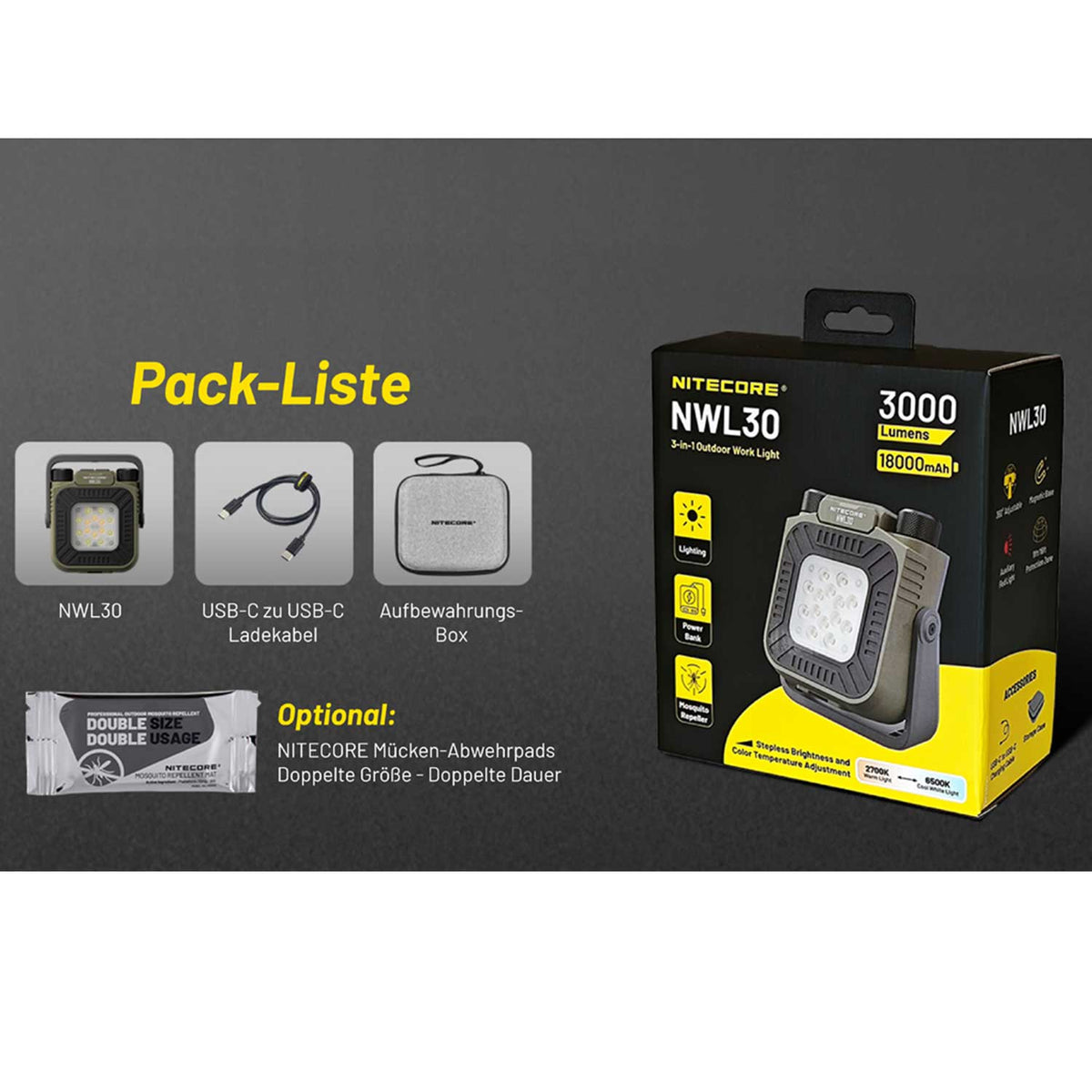 Nitecore NWL30 – 3000 Lumen LED Campinglampe & Arbeitsleuchte mit Mückenabwehrfunktion – Detailansicht