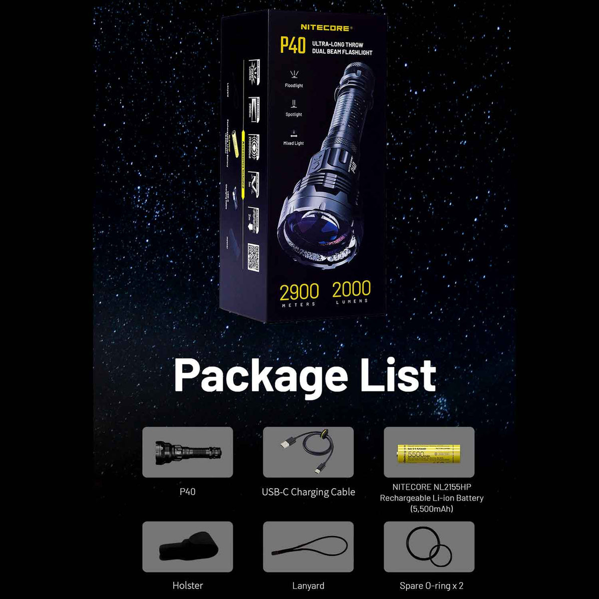 Nitecore P40 – Laser LEP Taschenlampe mit 2000 Lumen, 2900 m Reichweite, Akku USB-C – Detailansicht