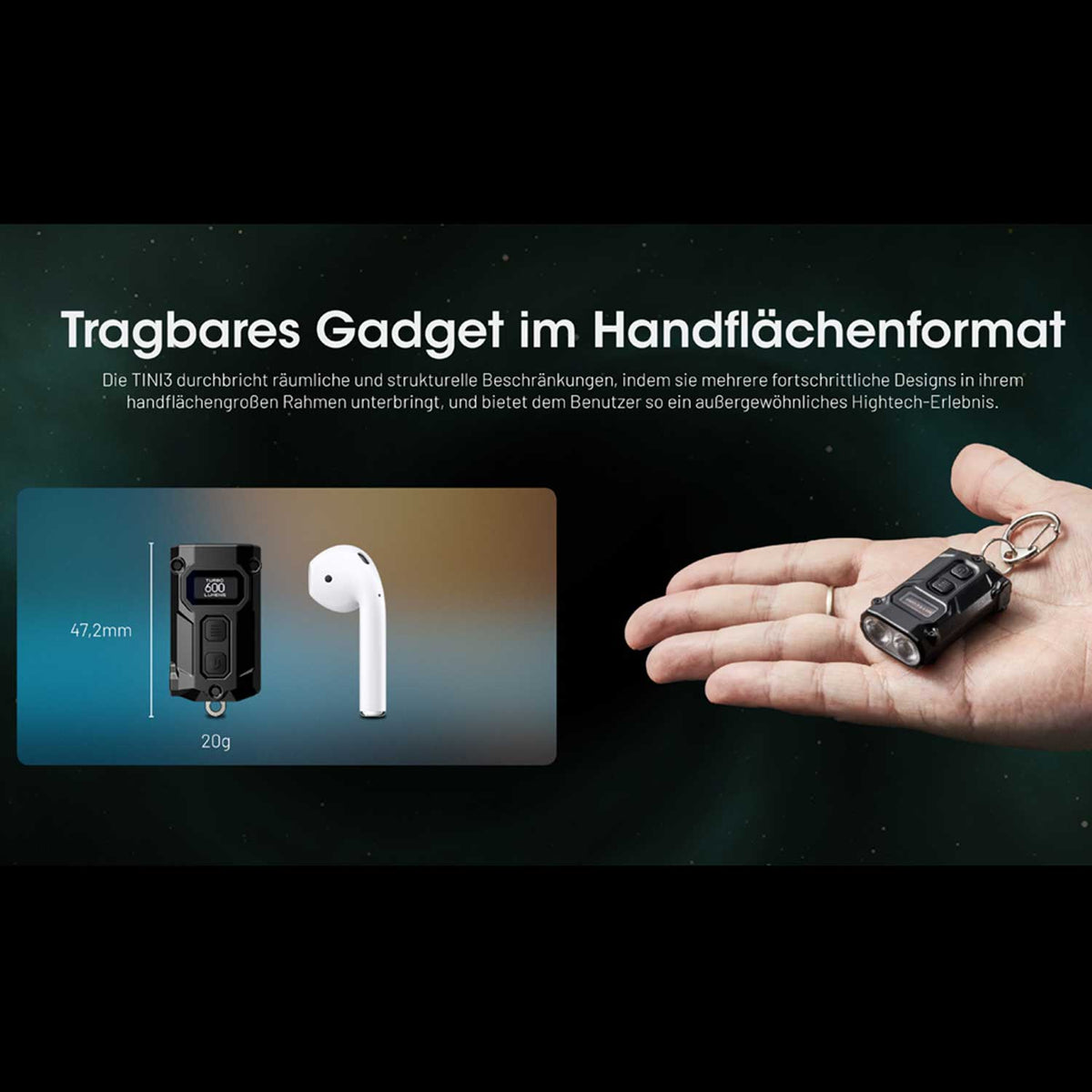 Nitecore TINI 3 LED Schlüsselbundlampe 600 Lumen 3000k-6500k USB-C in 3 Farben – Detailansicht
