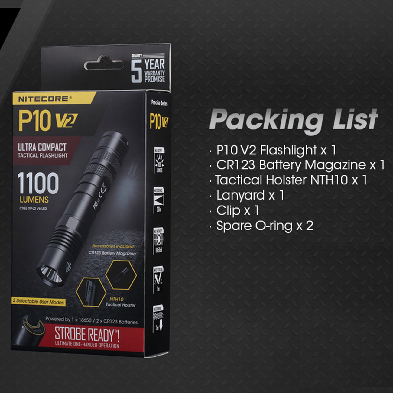 Nitecore P10 V2 LED Taschenlampe 1100 Lumen mit Kunststoffholster – Detailansicht