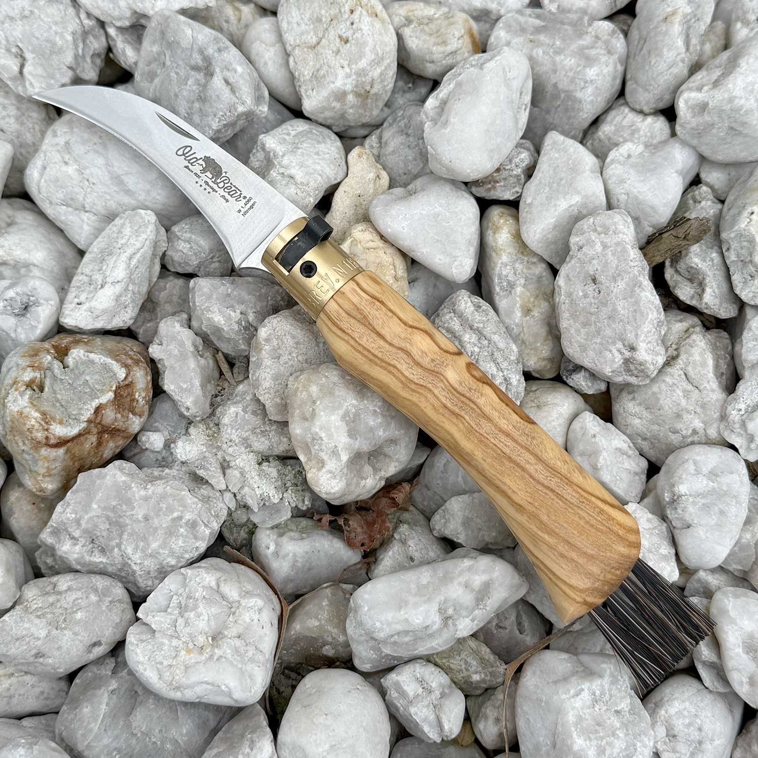 Old Bear Mushroom - Pilzmesser mit Holzgriff und Bürste aus Rosshaar – Detailansicht