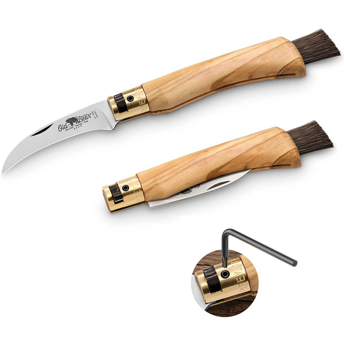 Old Bear Mushroom - Pilzmesser mit Holzgriff und Bürste aus Rosshaar – Detailansicht