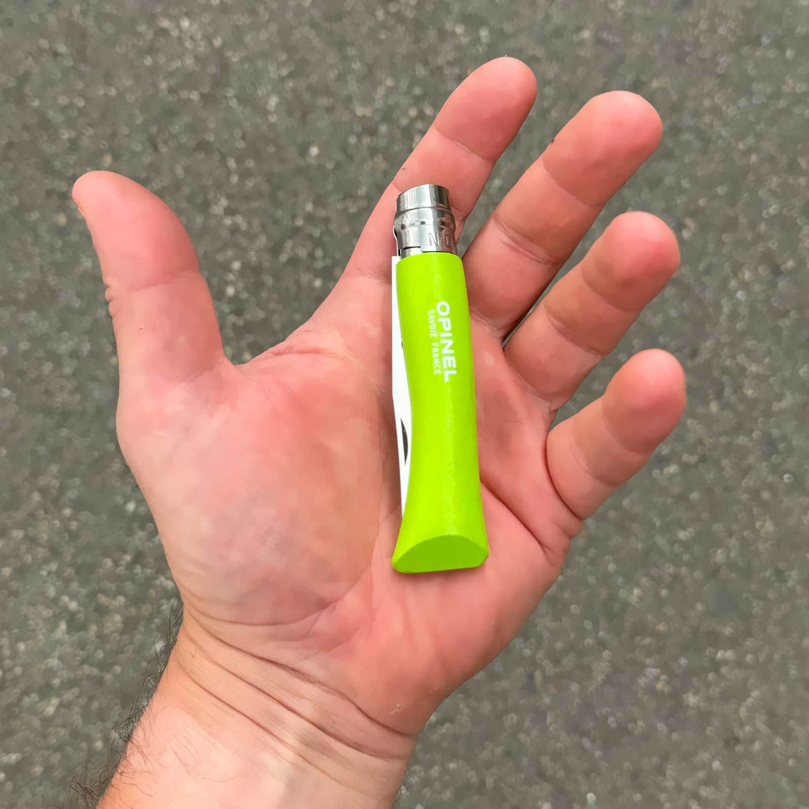 Opinel No 07 Kindermesser mit Rundspitze und Virobloc, Farbe grün – Größe und Abmessungen / Messeransicht