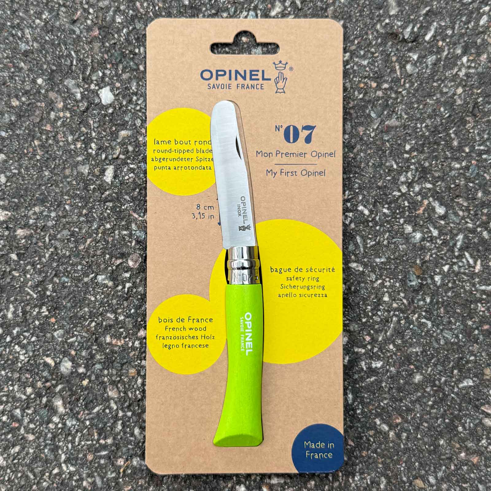 Opinel No 07 Kindermesser mit Rundspitze und Virobloc – Messeransicht