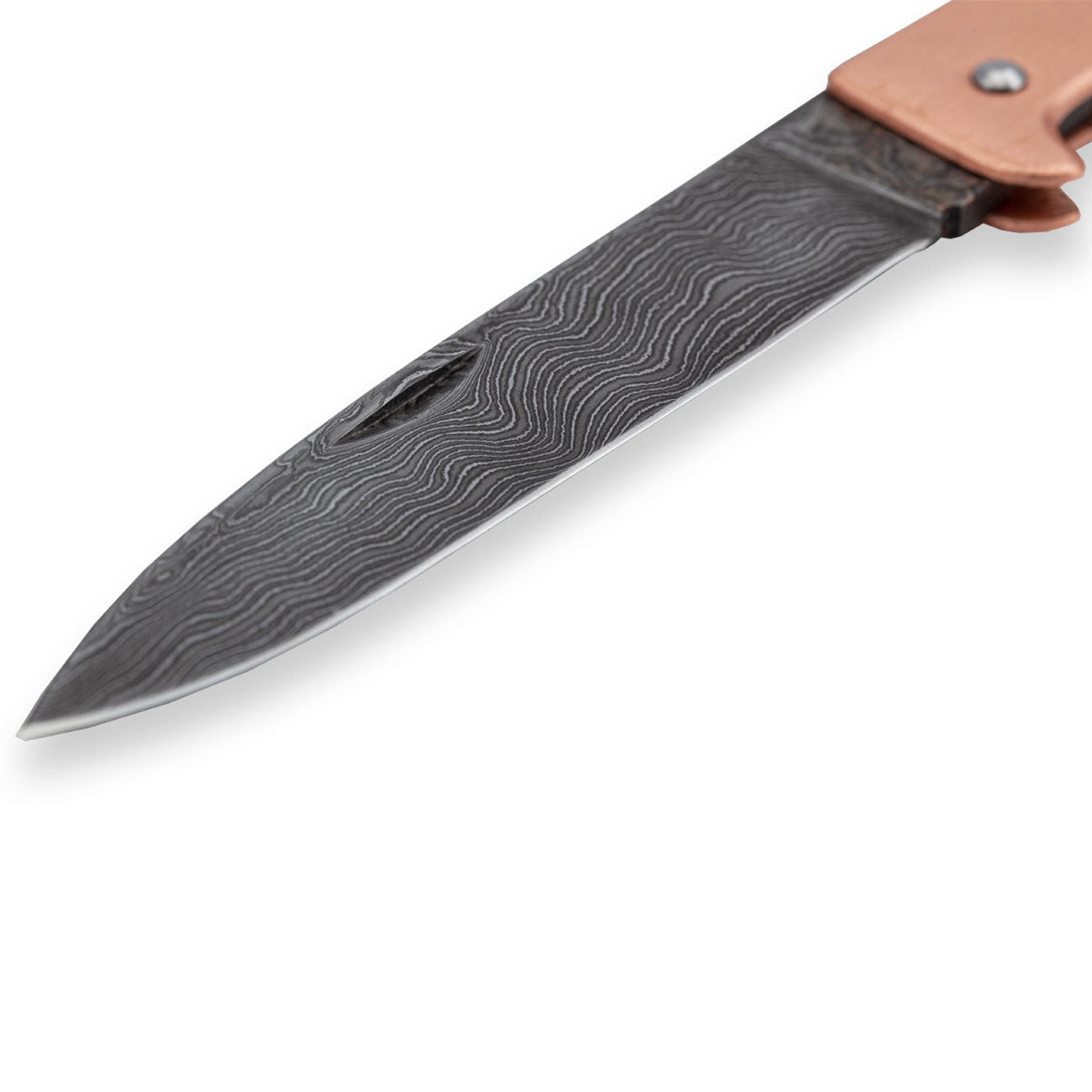Otter Mercator Kupfer Damastklinge Taschenmesser mit Lederband (10-626 rg D) – Detailansicht