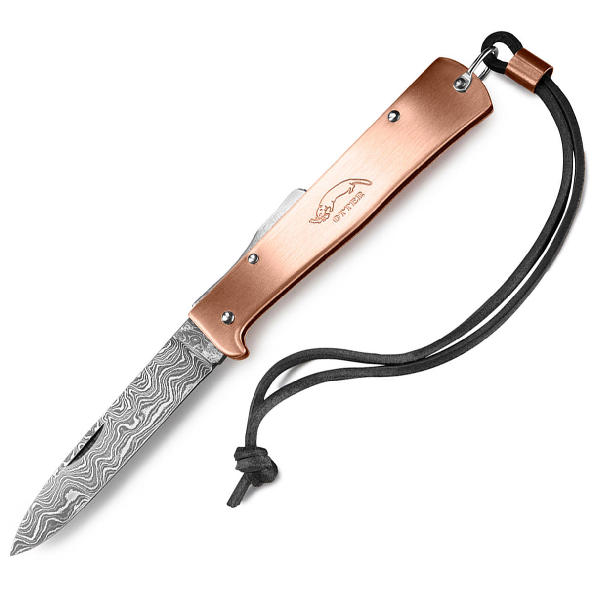 Otter Mercator Kupfer Damastklinge Taschenmesser mit Lederband (10-626 rg D) – Detailansicht