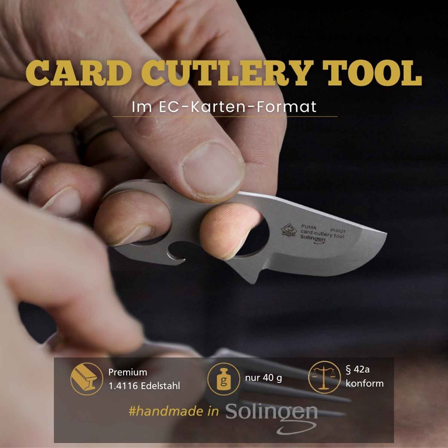 Puma Card Cutlery Tool – 4-in-1-Reisebesteck für Minimalisten – Größenvergleich in der Hand