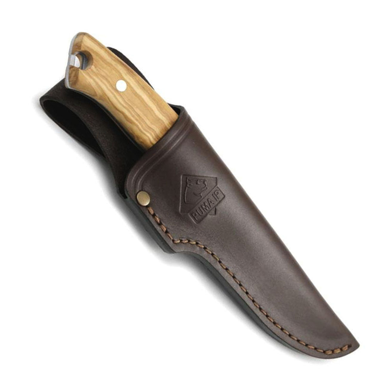 Puma IP La Cabra Outdoormesser mit Olivenholzgriff und Lederscheide – Detailansicht