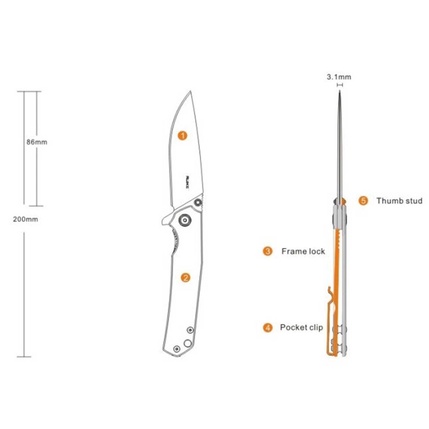 Ruike P801-J Orange – Schlankes Drop-Point Taschenmesser mit Tip-Up Clip – Detailansicht
