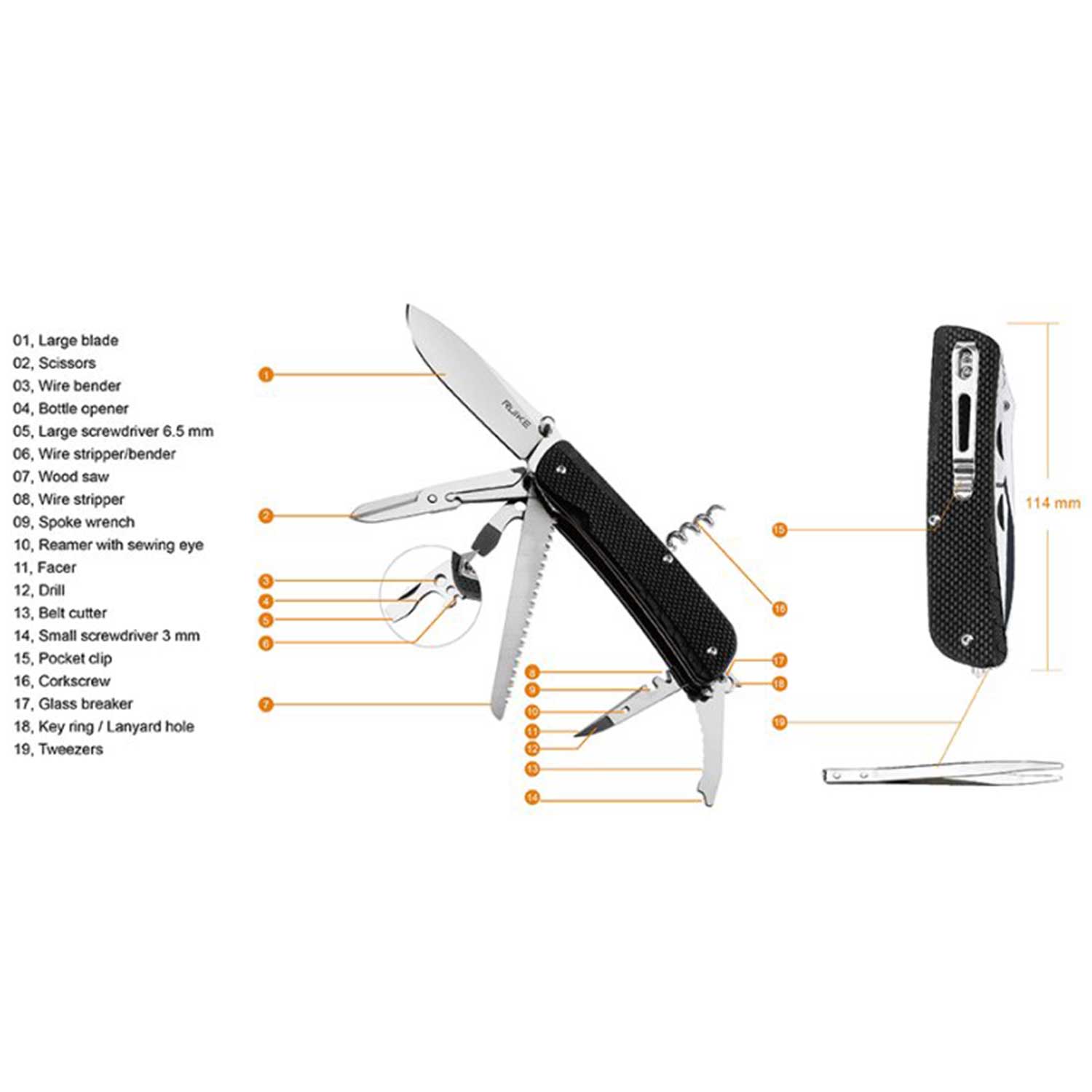 Ruike Trekker LD42 Black – Multitool Taschenmesser mit 16 Funktionen – Detailansicht
