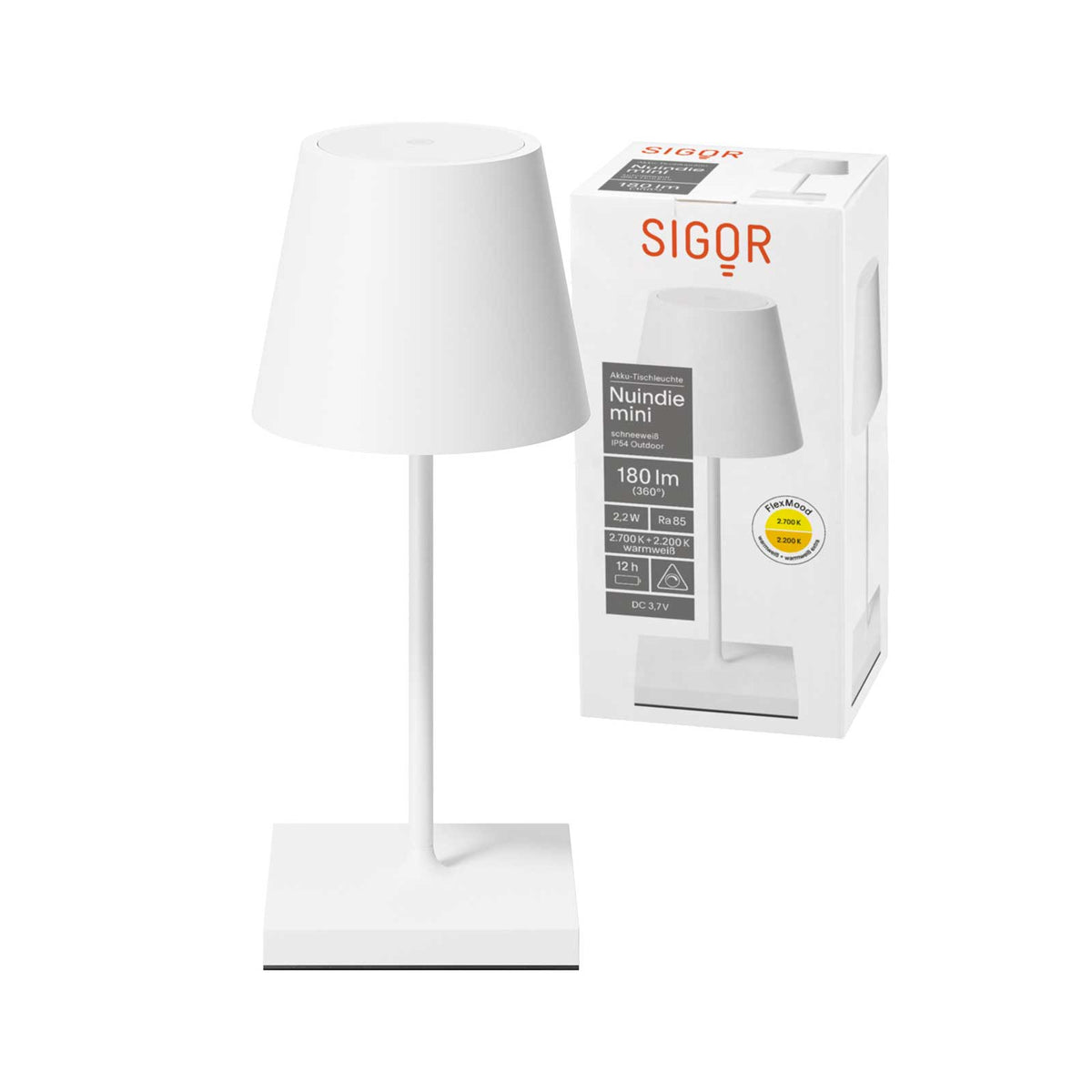 Sigor Nuindie mini – dimmbare Akku-Tischleuchte – Schneeweiss leucht usb karton verpackung