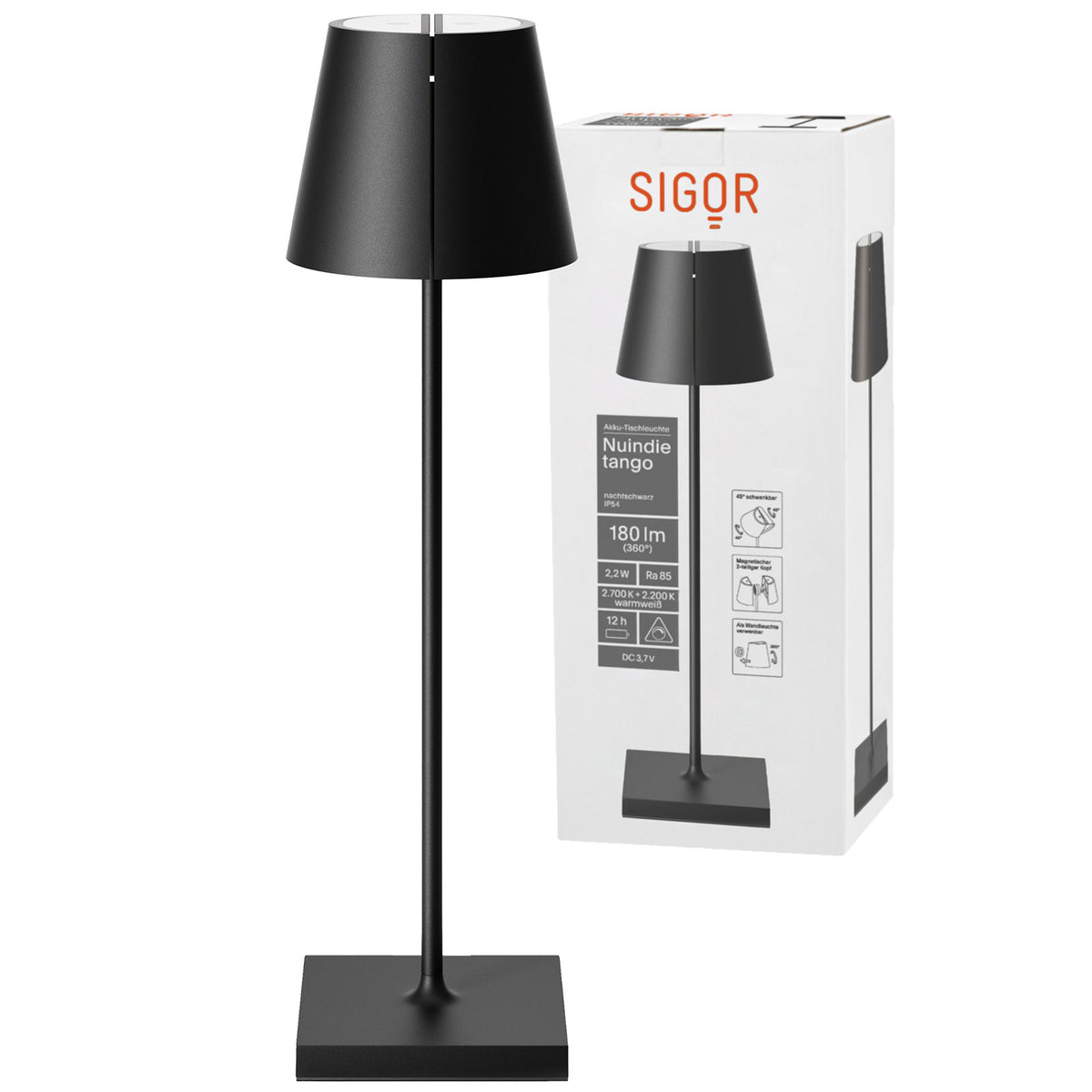 Sigor Nuindie Tango – teilbare Akku-Tischleuchte mit 2200/2700 K, RA85, dimmbar – mit Akku und Ladeanschluss