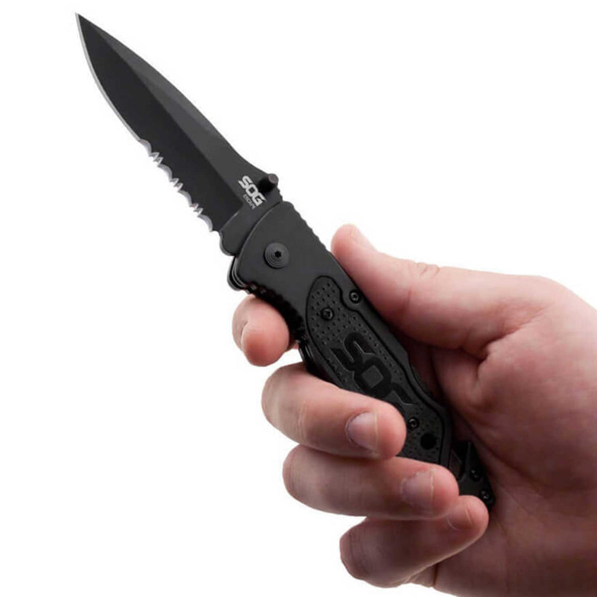 SOG Escape Black – Rettungsmesser mit Gurtschneider, Abisolierer und Glasbrecher – Farbvariante schwarz – Detailansicht 3