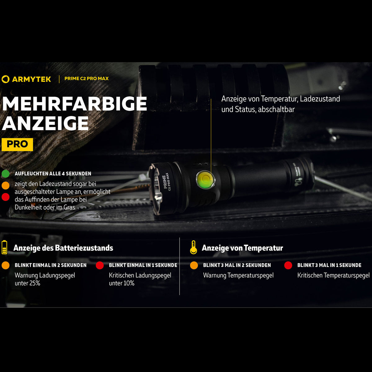 Armytek Prime C2 Pro Max – Allround Taschenlampe mit 21700 Akku (2 Lichtfarben) – Detailansicht