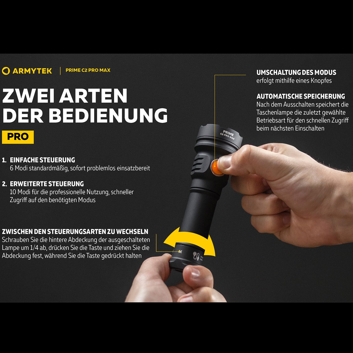 Armytek Prime C2 Pro Max – Allround Taschenlampe mit 21700 Akku (2 Lichtfarben) – Bedienung und Schalter