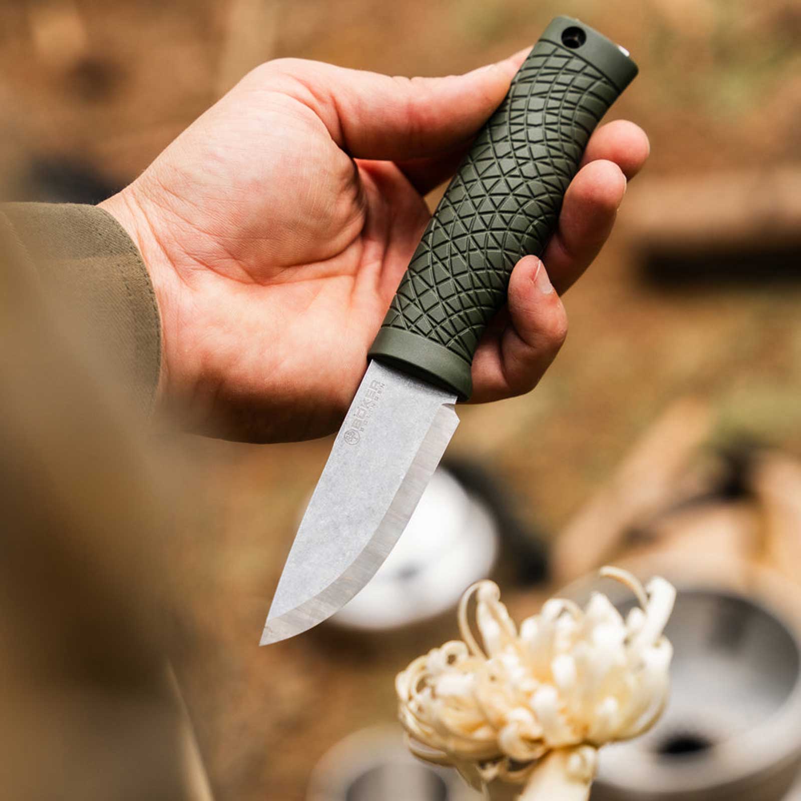 Böker Bronco Mini CPM-3V Green Scandi – Bushcraft-Messer mit Kydexscheide