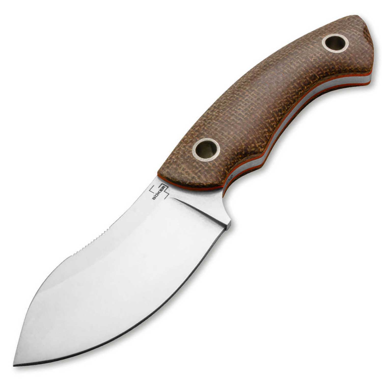 Böker Plus Nessmi Pro – Kompaktes D2 Outdoormesser mit brauner Lederscheide – Produktansicht des Messers