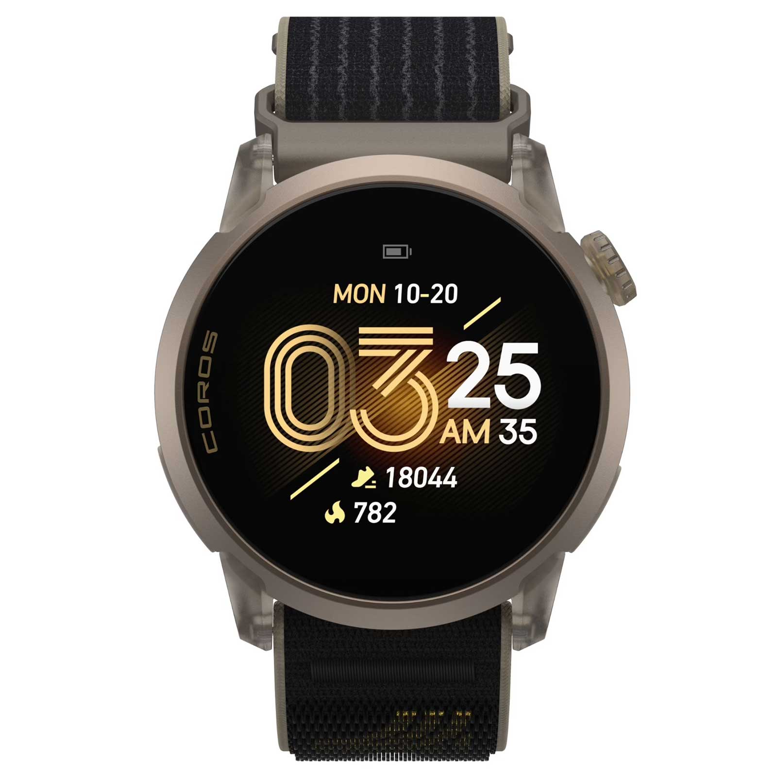 Coros Pace 4 GPS-Sportuhr mit Nylon-Armband - Jakob Ingebrigtsen Edition - Gold - Detailansicht Oled Display