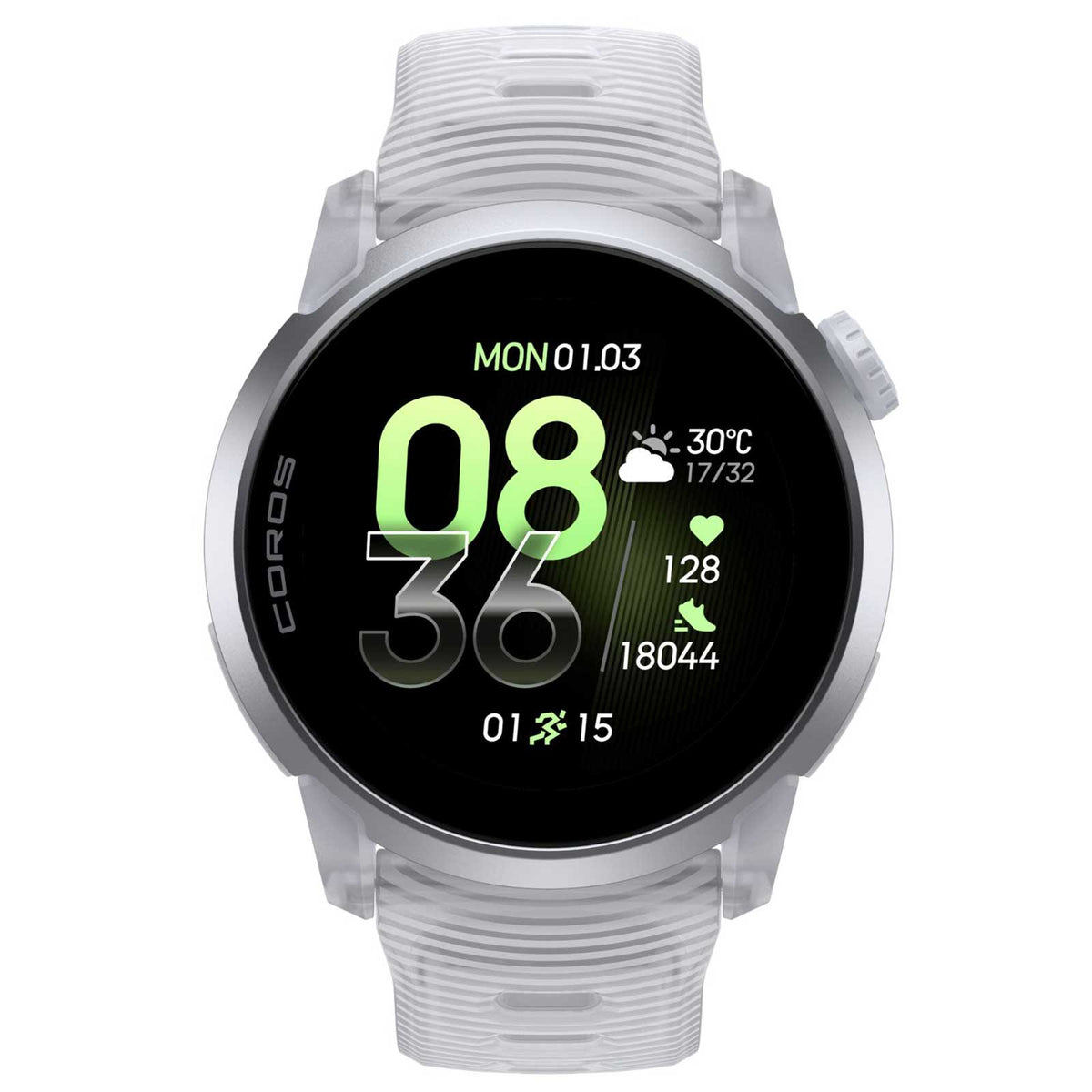 Coros PACE 4 GPS-Sportuhr - Premium mit Aluminiumgehäuse & Silikonband in weiß - Ansicht Display