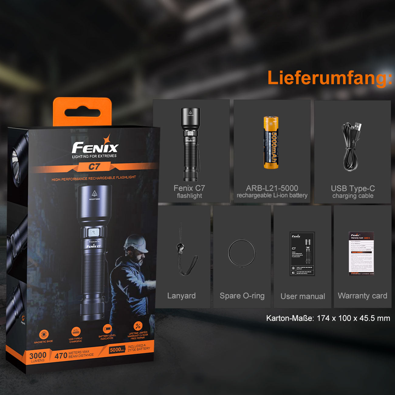 Fenix C7 LED Taschenlampe 3000 Lumen, 470m Leuchtweite, USB-C, Akku, Seitenschalter – Detailansicht