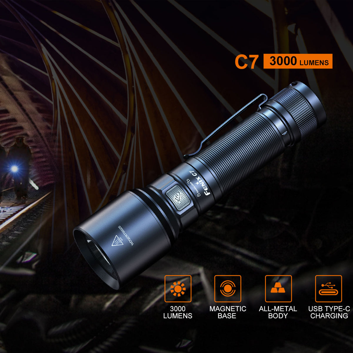 Fenix C7 LED Taschenlampe 3000 Lumen, 470m Leuchtweite, USB-C, Akku, Seitenschalter