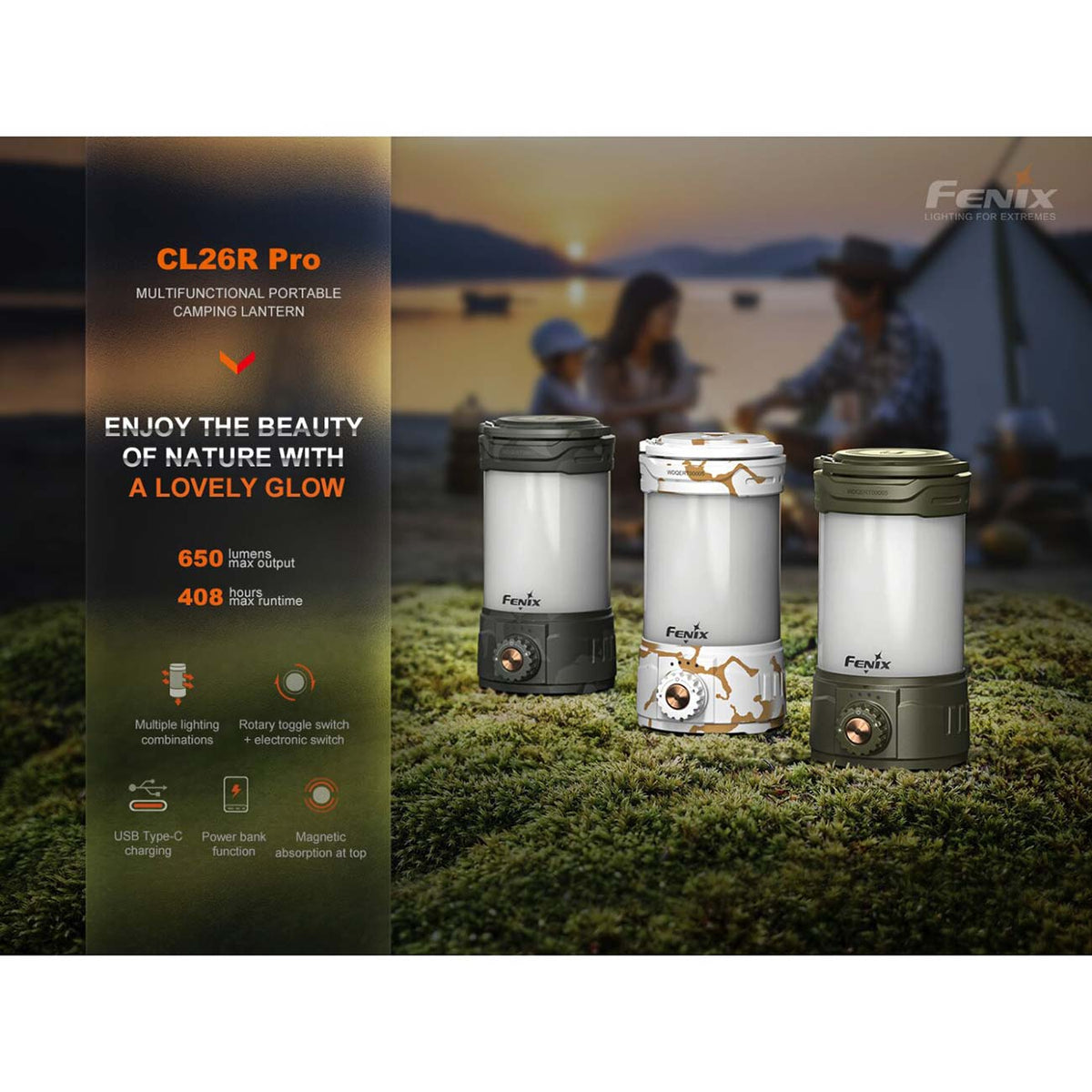 Fenix CL26R Pro – LED Campingleuchte mit 650 Lumen, Powerbank, USB-C, Farbe grau – LEDs und Reflektor / USB-C Ladeanschluss