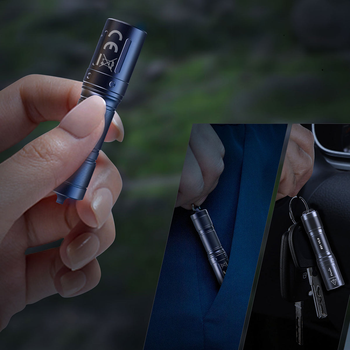 Fenix E01 V2.0 LED Schlüsselbundleuchte, AAA Batterie, Akku, EDC, Einhandbedienung – Detailansicht