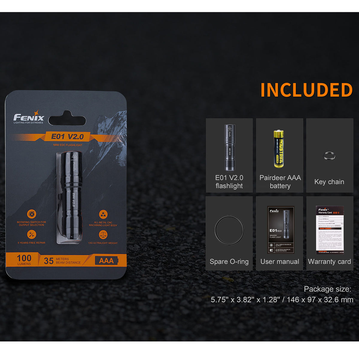 Fenix E01 V2.0 LED Schlüsselbundleuchte, AAA Batterie, Akku, EDC, Einhandbedienung – Detailansicht