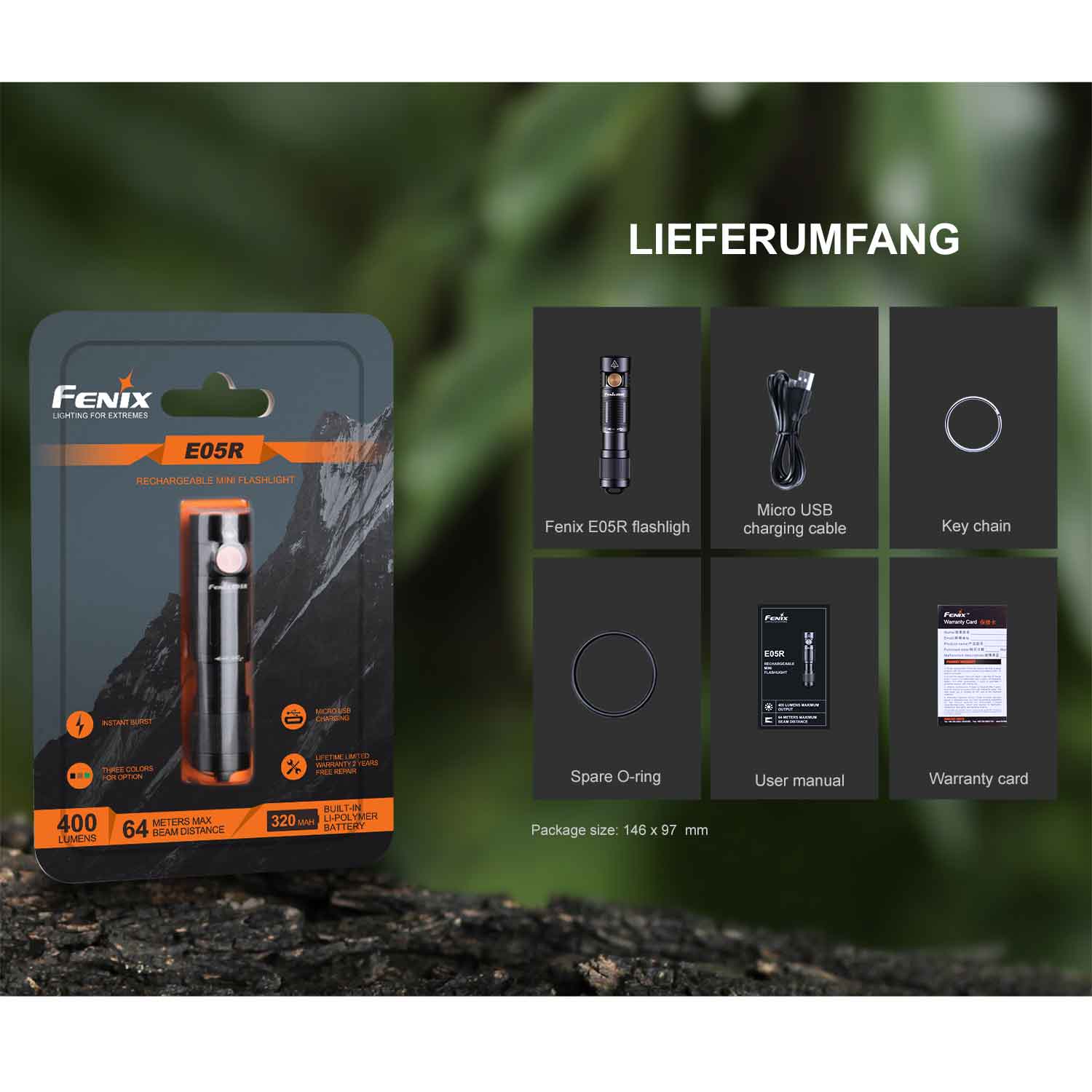 Fenix E05R - Mini LED Taschenlampe 400 Lumen mit USB-Ladefunktion - 3 Farben – Detailansicht