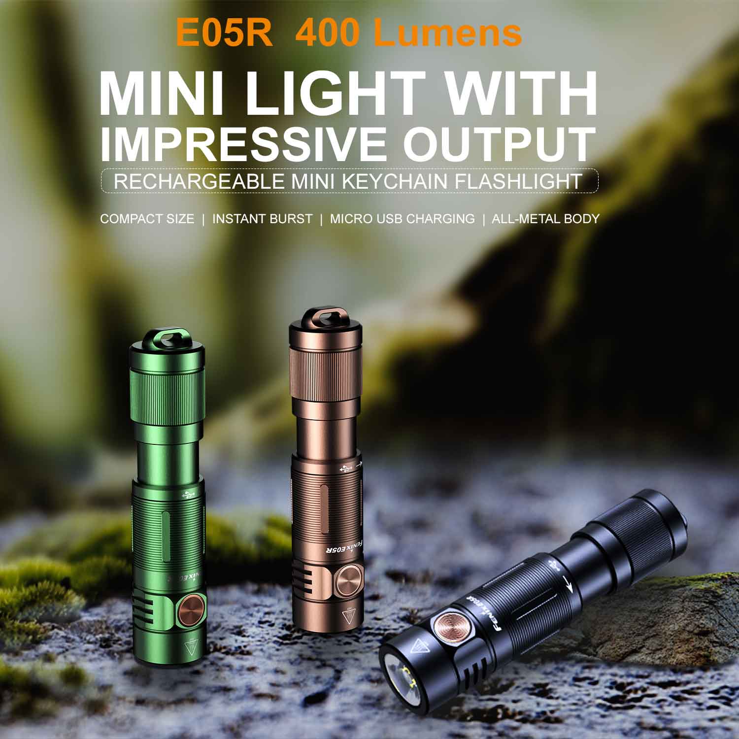 Fenix E05R - Mini LED Taschenlampe 400 Lumen mit USB-Ladefunktion - 3 Farben – Detailansicht