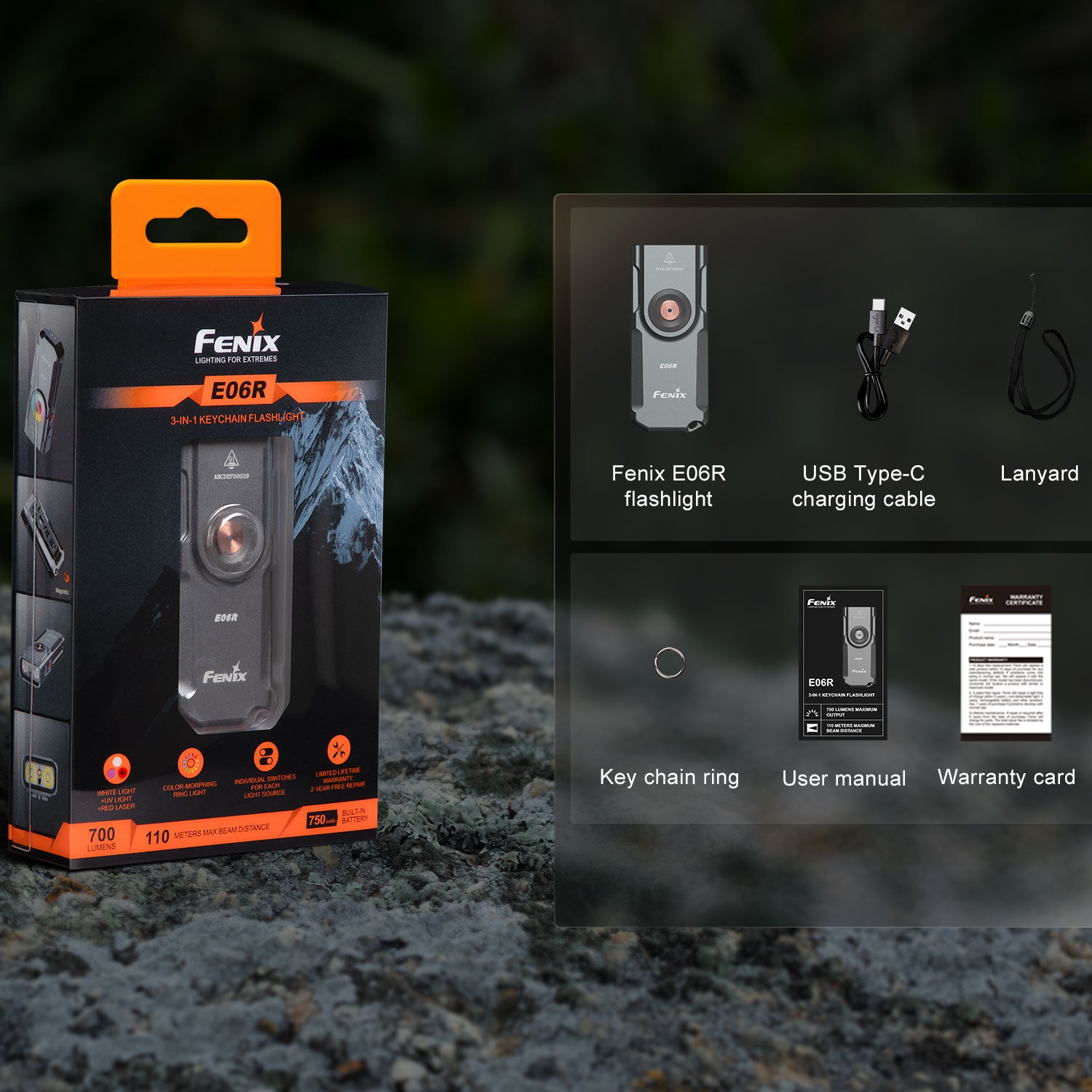 Fenix E06R – Schlüsselbundlampe mit USB-C 700 Lumen + UV-Licht & Laserpointer – Lieferumfang und Verpackung, für den täglichen EDC-Einsatz