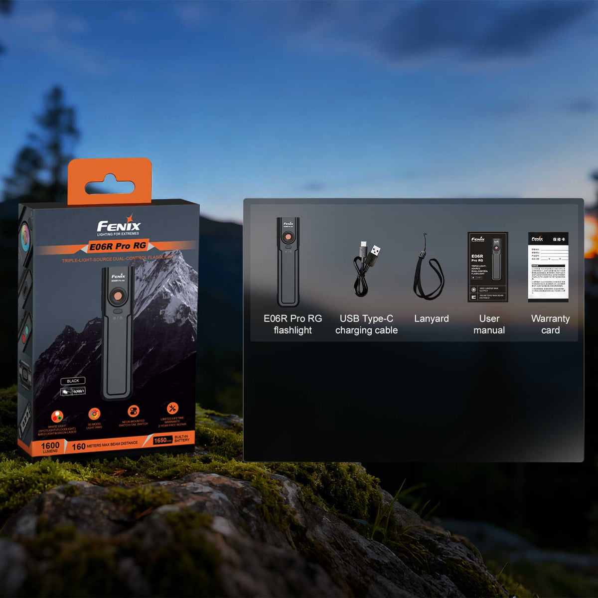 Fenix E06R Pro RG – Taschenlampe mit Rotlicht und grünem Laser, 1600 lm, USB-C – Lieferumfang und Zubehör