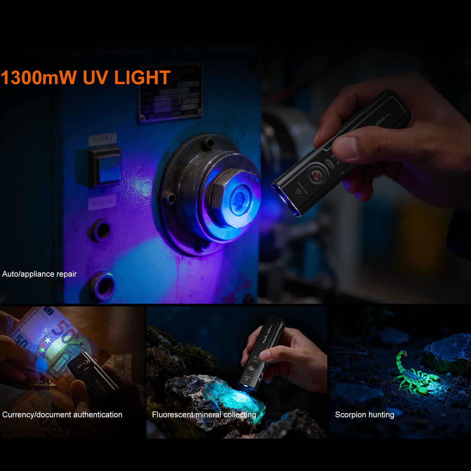 Fenix E06R Pro – Flache EDC-Taschenlampe mit UV-Licht & Laser 1600 Lumen USB-C – Detailansicht