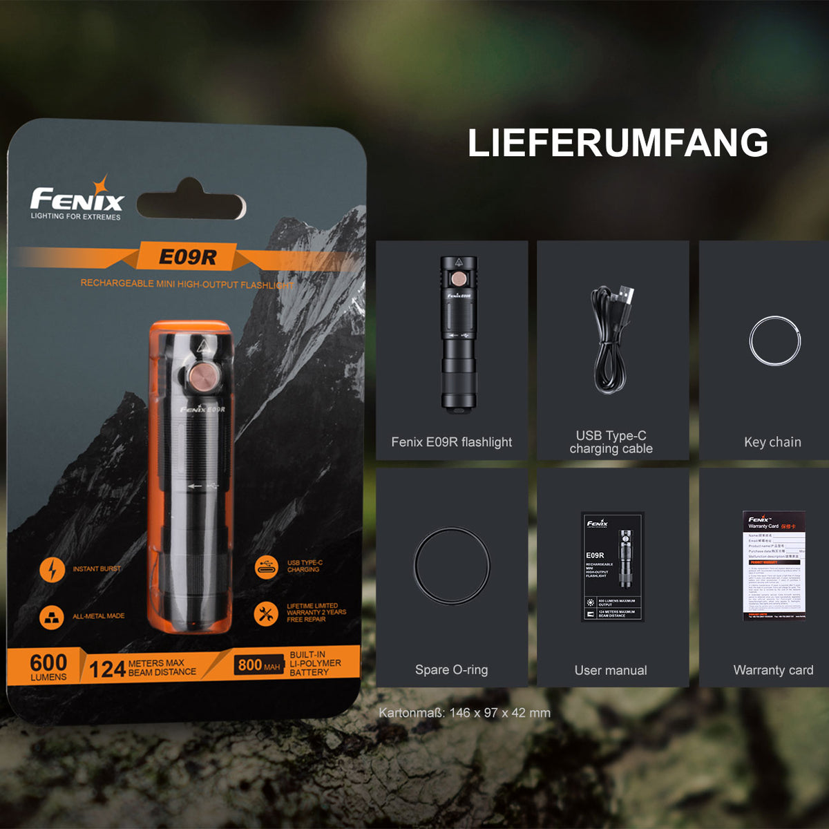 Fenix E09R Mini LED Taschenlampe 600 Lumen USB-C aufladbar – Detailansicht
