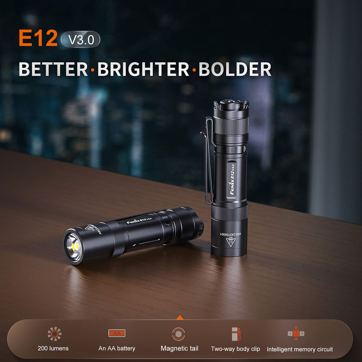 Fenix E12 V3.0 LED Taschenlampe mit AA Batterie 200 Lumen – Detailansicht
