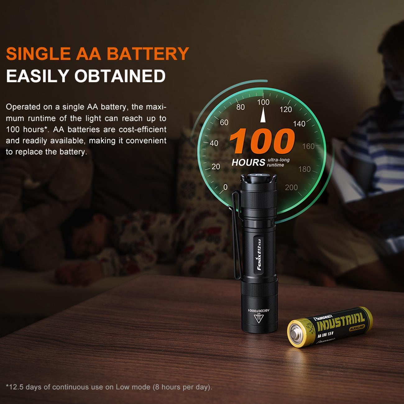 Fenix E12 V3.0 LED Taschenlampe mit AA Batterie 200 Lumen – Detailansicht
