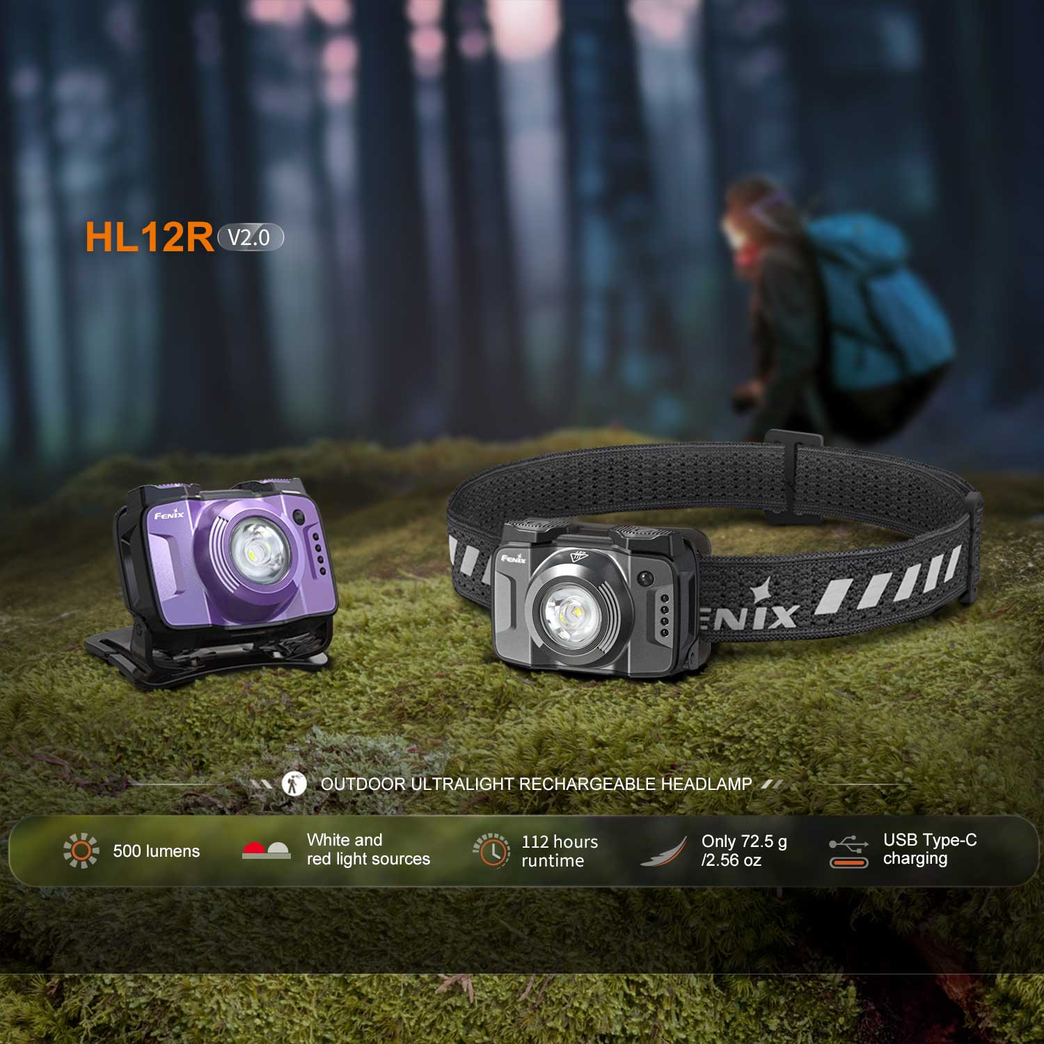 Fenix HL12R V2.0 LED Stirnlampe 500 Lumen mit Rotlicht & USB-C Ladefunktion in 2 Farben