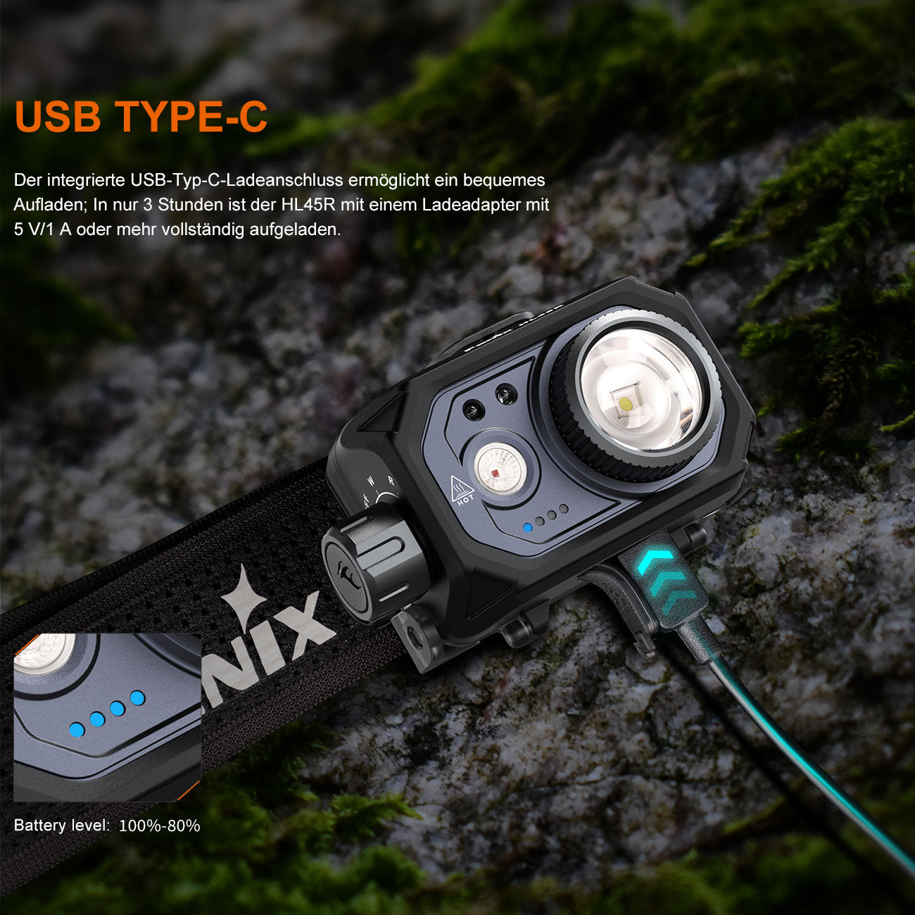 Fenix HL45R fokussierbare LED Stirnlampe 1000 Lumen Rotlicht USB-C wiederaufladbar – Detailansicht