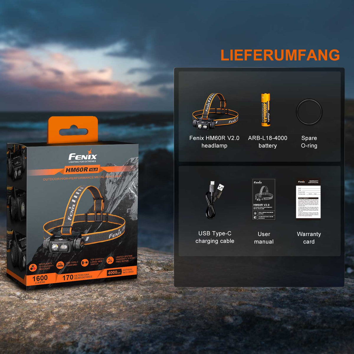 Fenix HM60R V2.0 – Stirnlampe mit Rotlicht, Spot- & Flutlicht, 1600 Lumen, USB-C – Detailansicht