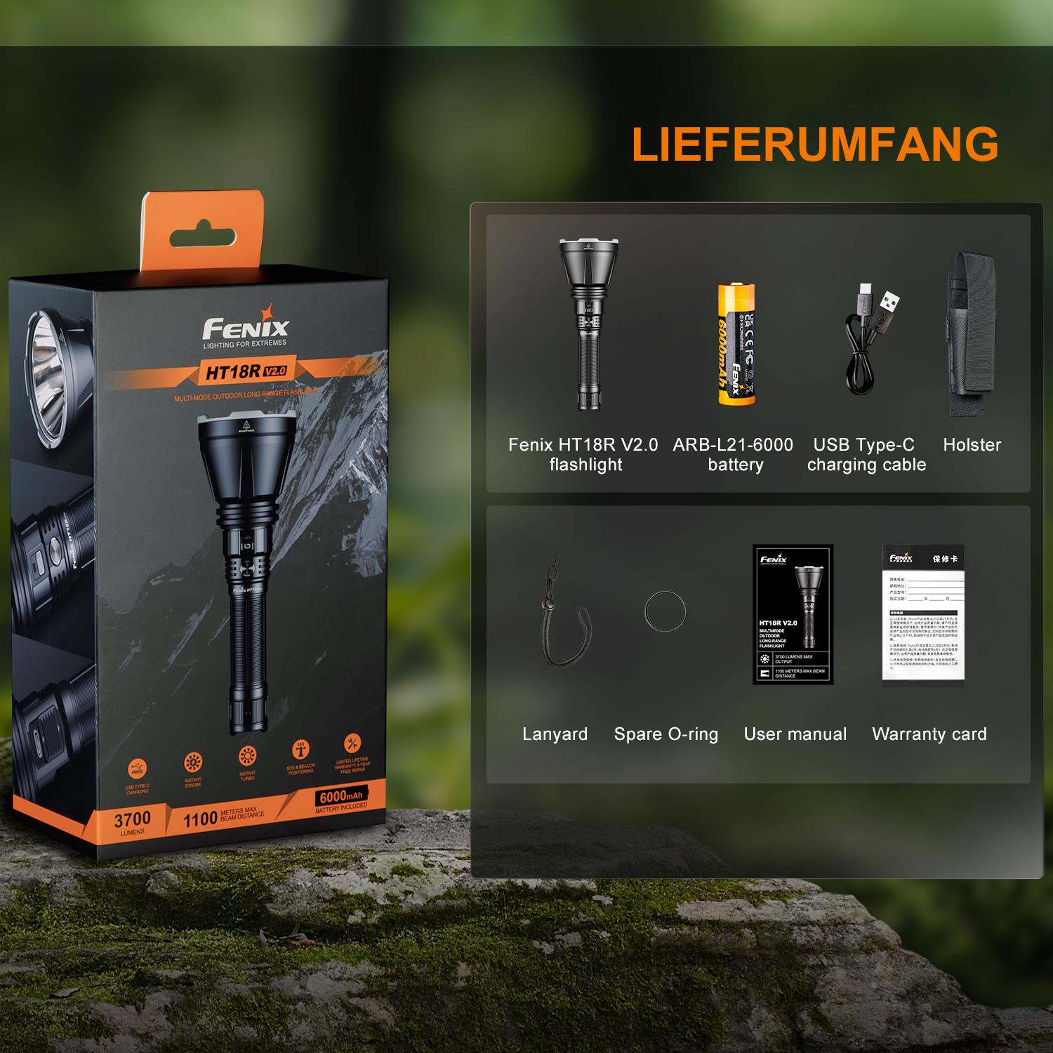 Fenix HT18R V2.0 - Jagd Taschenlampe mit hoher Reichweite 3700 Lumen Akku & USB-C – Detailansicht