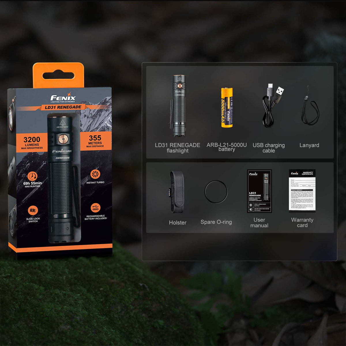 Fenix LD31 Renegade – kompakte Taschenlampe mit 3200 lm und 5000 mAh USB-C Akku – Lieferumfang und Zubehör