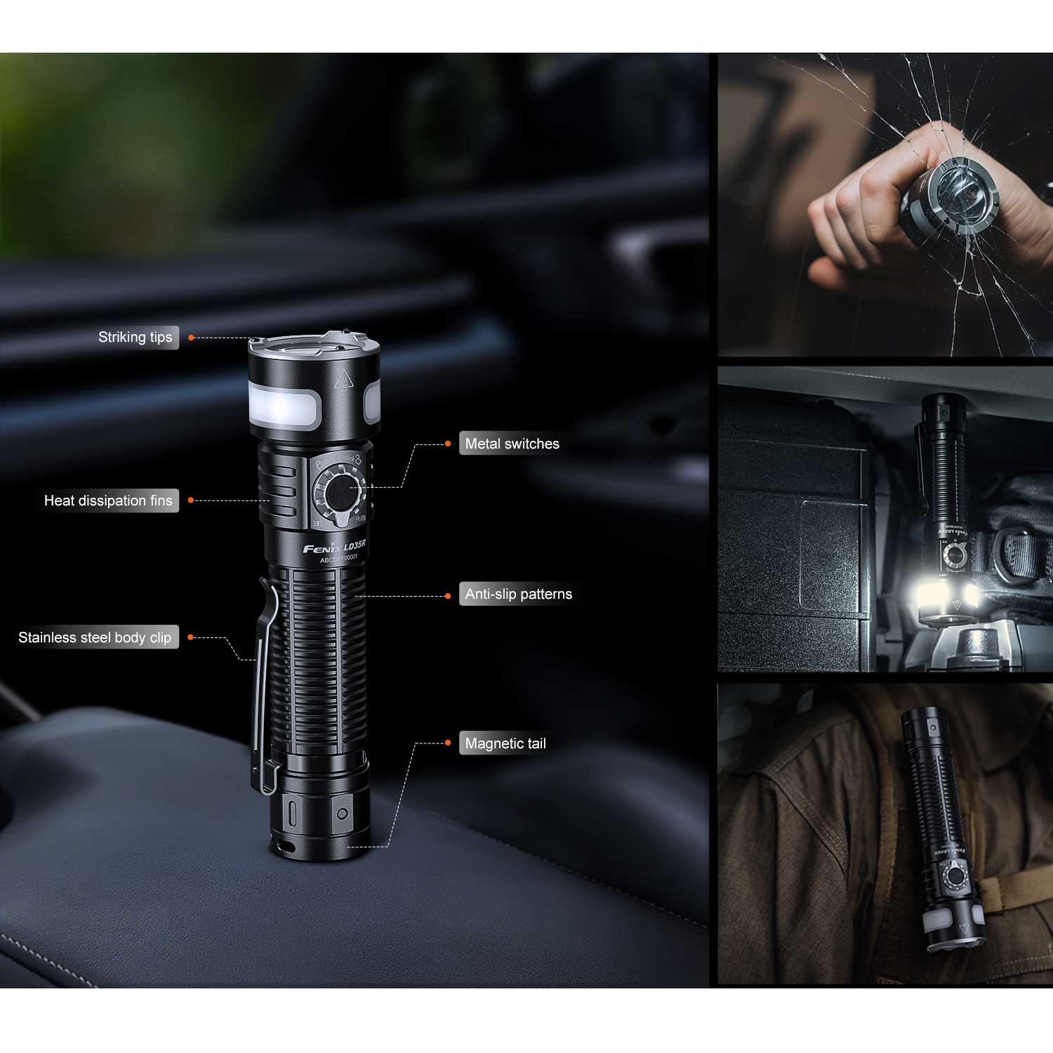 Fenix LD35R LED Taschenlampe mit 360° Seitenlicht weiß, rot, blau 1800 Lumen USB-C – Detailansicht