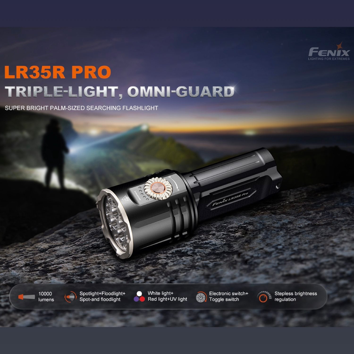 Fenix LR35R Pro – LED Taschenlampe mit 10.000 Lumen, Rotlicht & UV, Akku, USB-C – Detailansicht